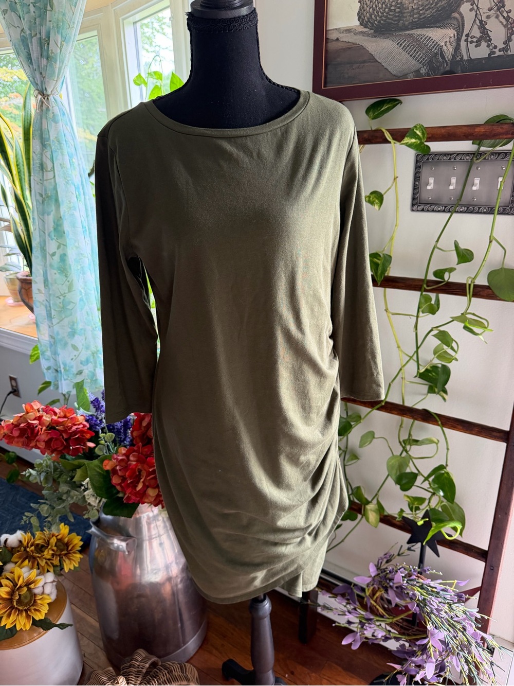 Worthington Olive Green Ruched Side Jersey Mini Dress NWOT